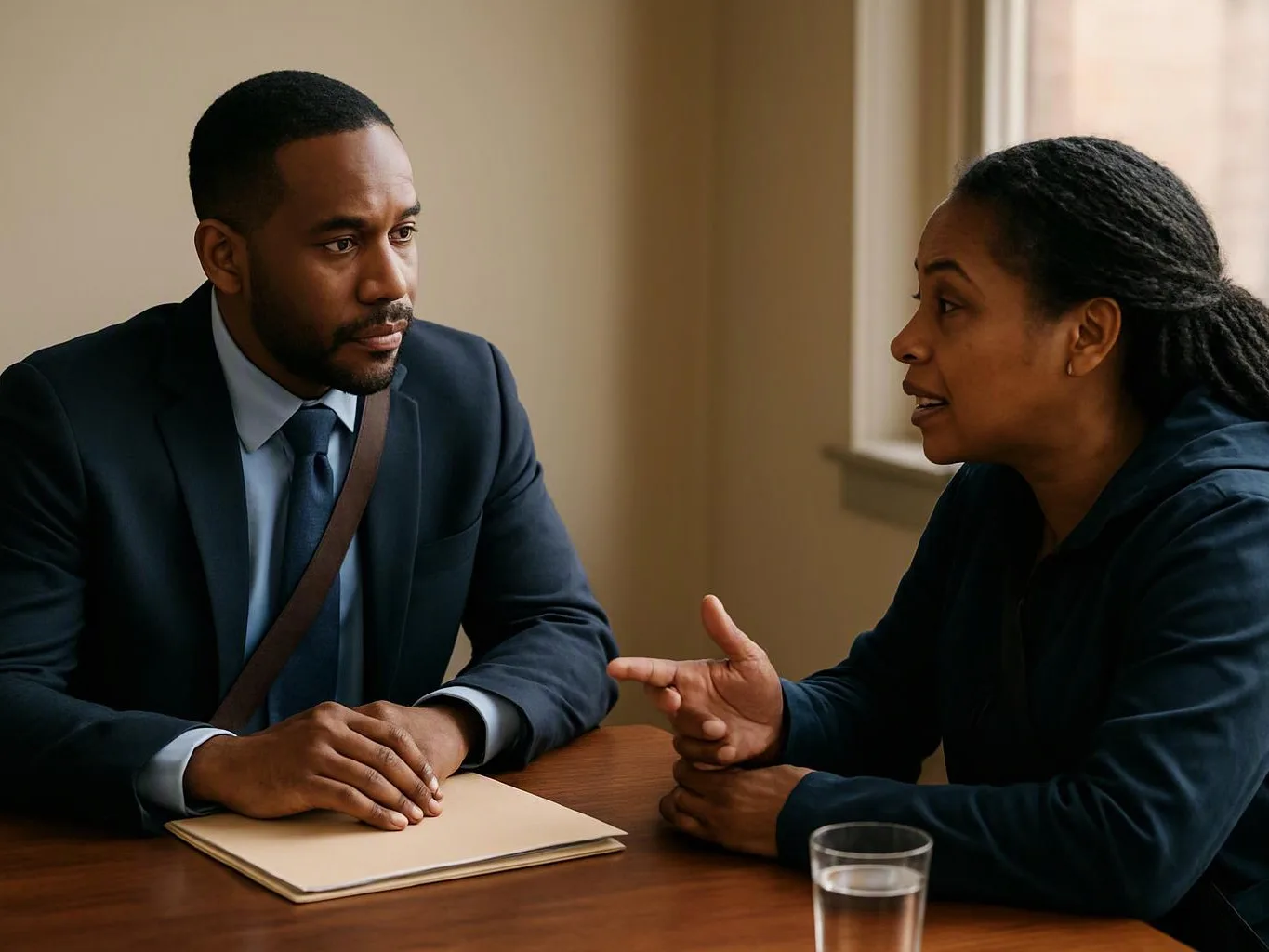 Two people sit at a wooden table, talking across a notebook and a glass of water in a bright room