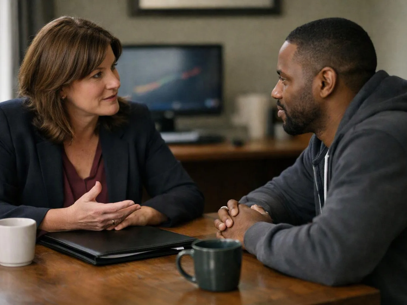 Two people sit at a wooden table, talking across open folders and coffee mugs in an office setting