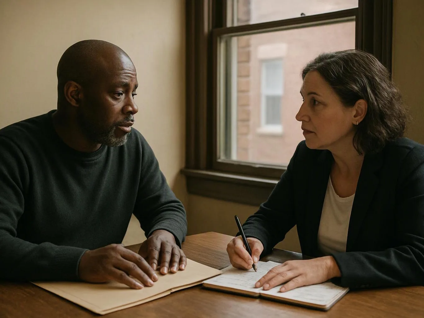 Two people sit at a wooden table by a window, one speaking while the other writes in a notebook