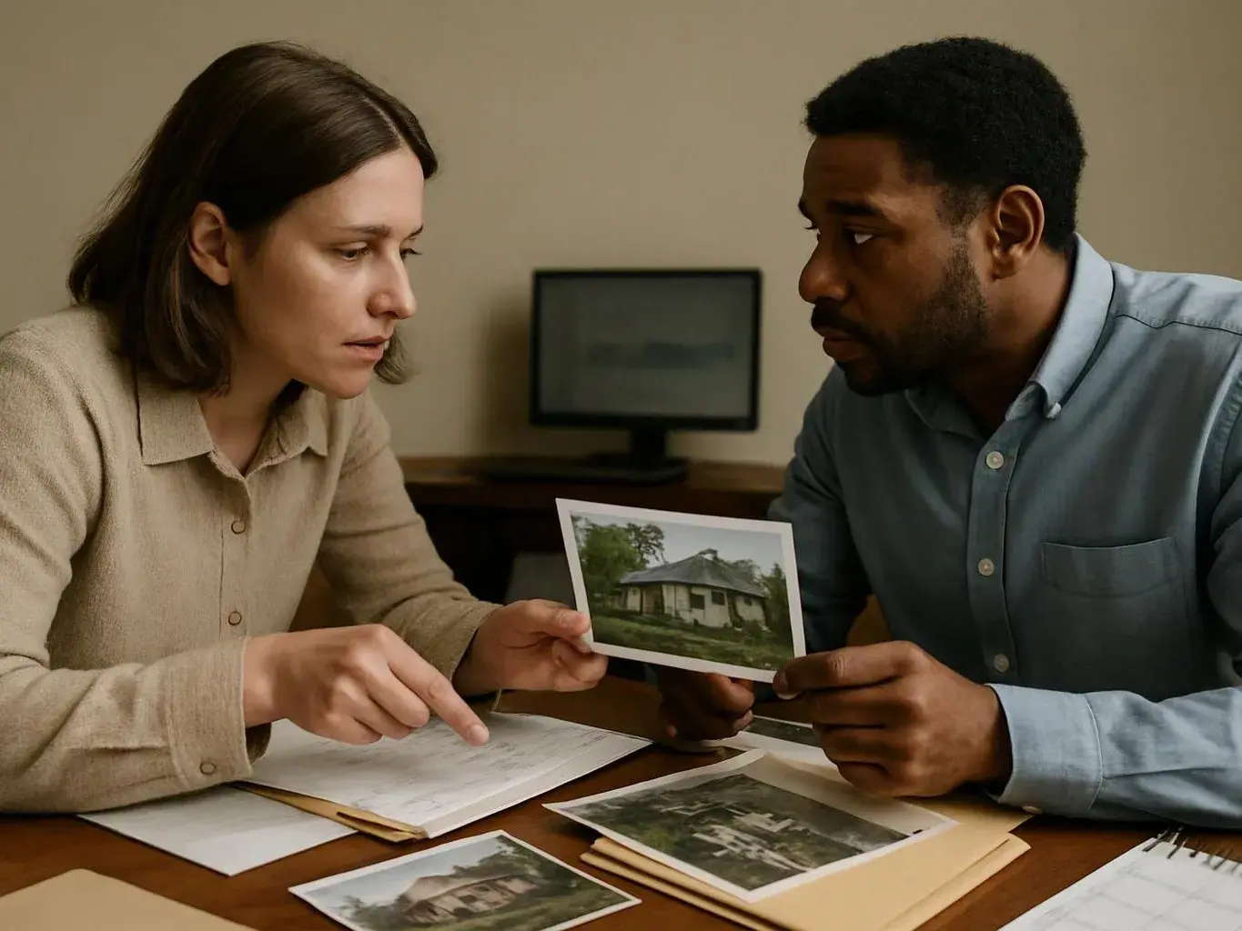 Two people study printed house photos and papers at a table in a plain office room