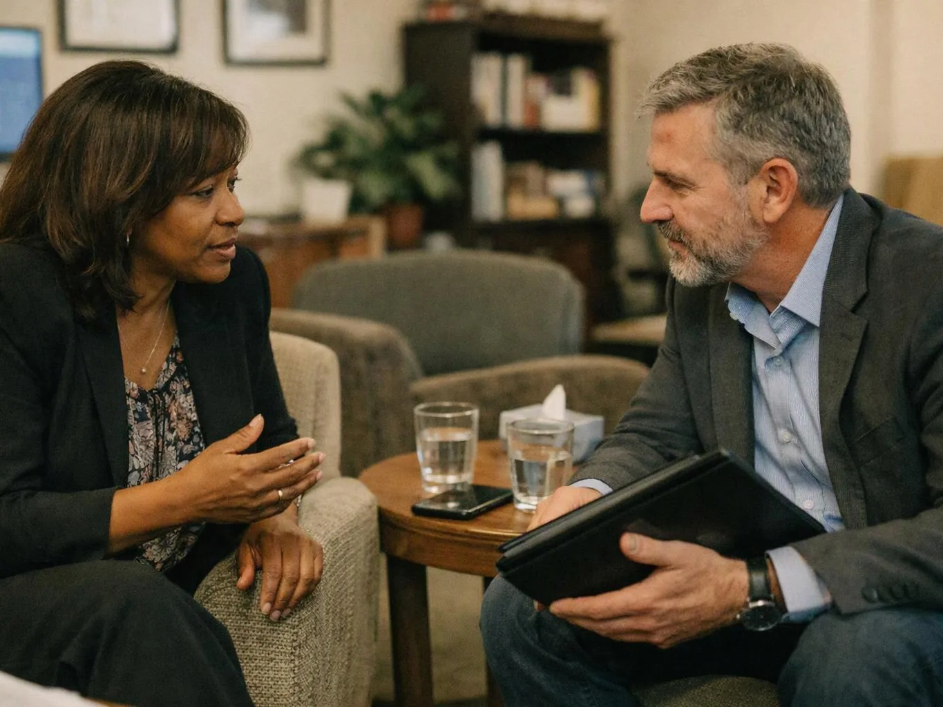 Two seated adults talk in a cozy lounge, with glasses of water and a tablet on a small table