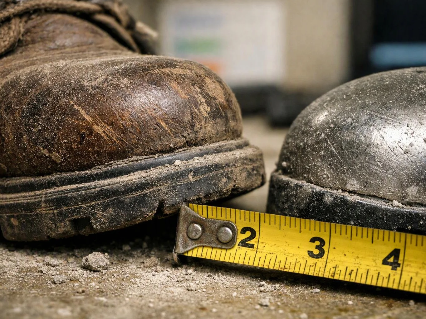 Two worn work boots sit on dusty ground beside a yellow tape measure showing inches