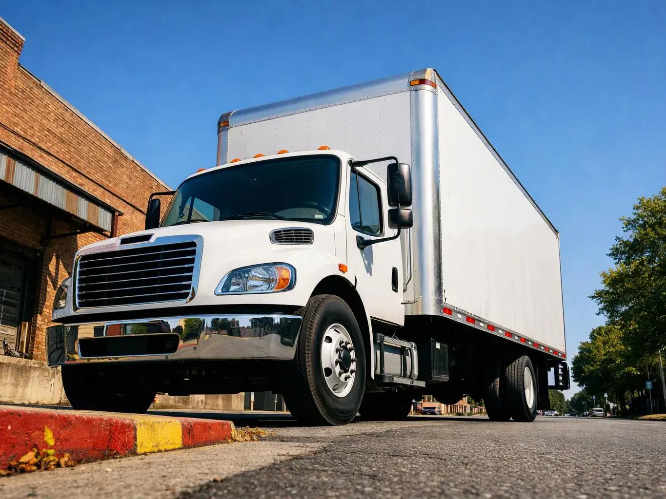 White box truck parked beside a brick building on a sunny street