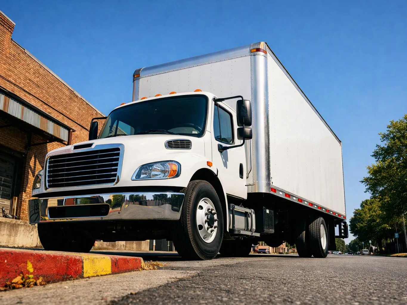 A white box truck sits parked on a street beside a brick building under a clear blue sky