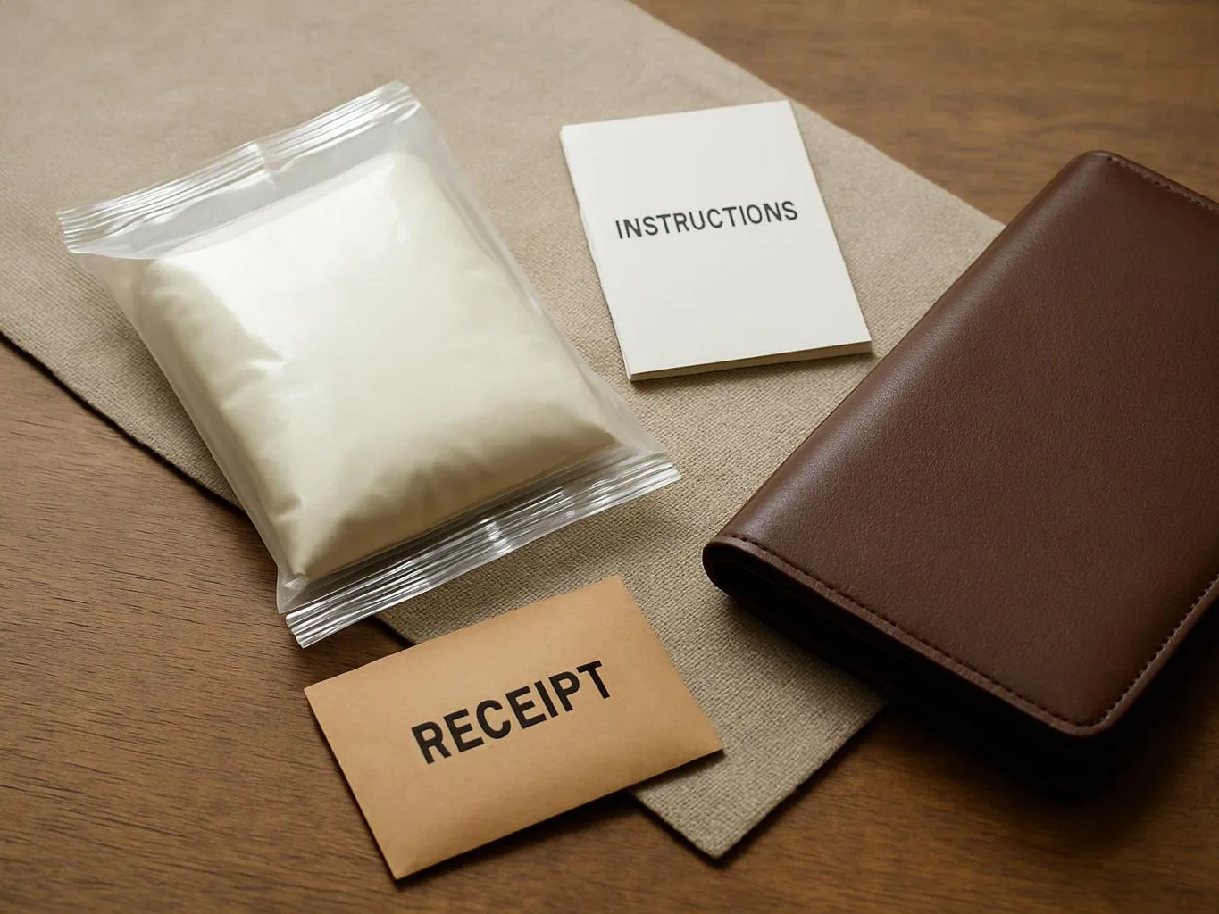 A white packet, an instruction card, a receipt card, and a brown wallet sit on a beige mat over a wooden table