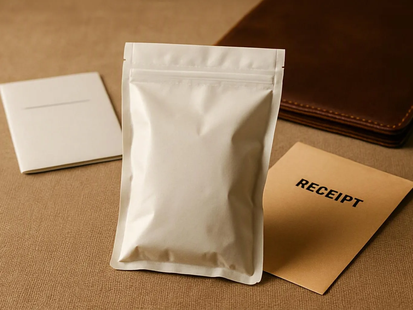 A white pouch stands on a tan surface beside a receipt card, a white folder, and a brown leather notebook