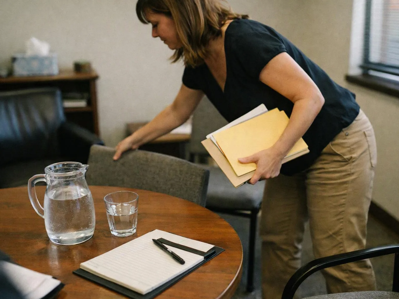 A woman arranges a chair beside a round table with a water pitcher, glass, notebook, and folders in an office room