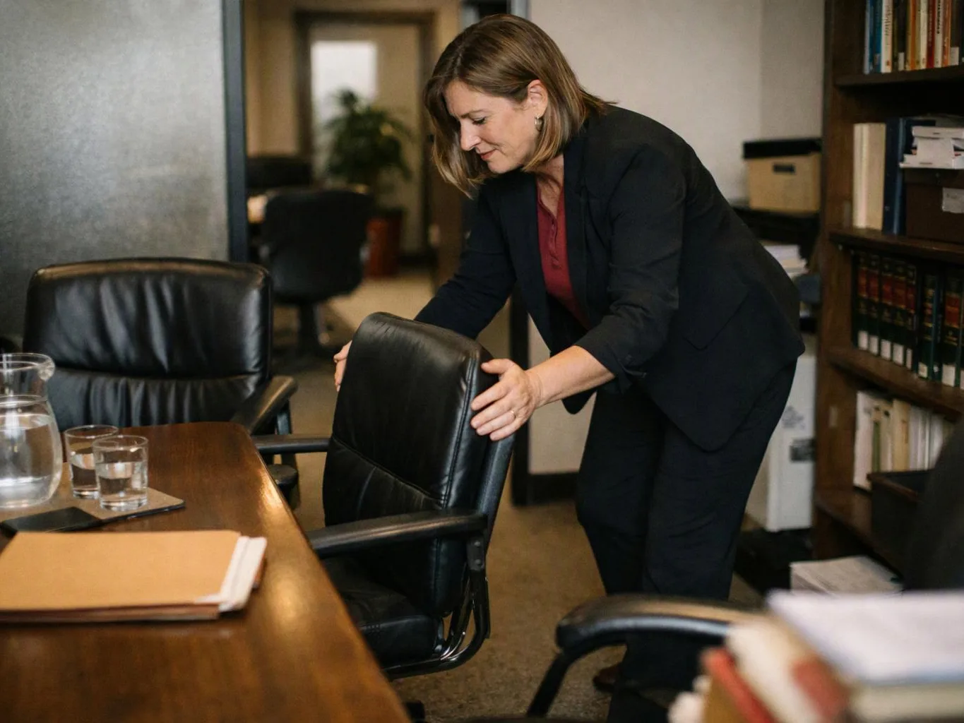 A woman in a black suit adjusts a leather office chair beside a conference table in a book-lined room