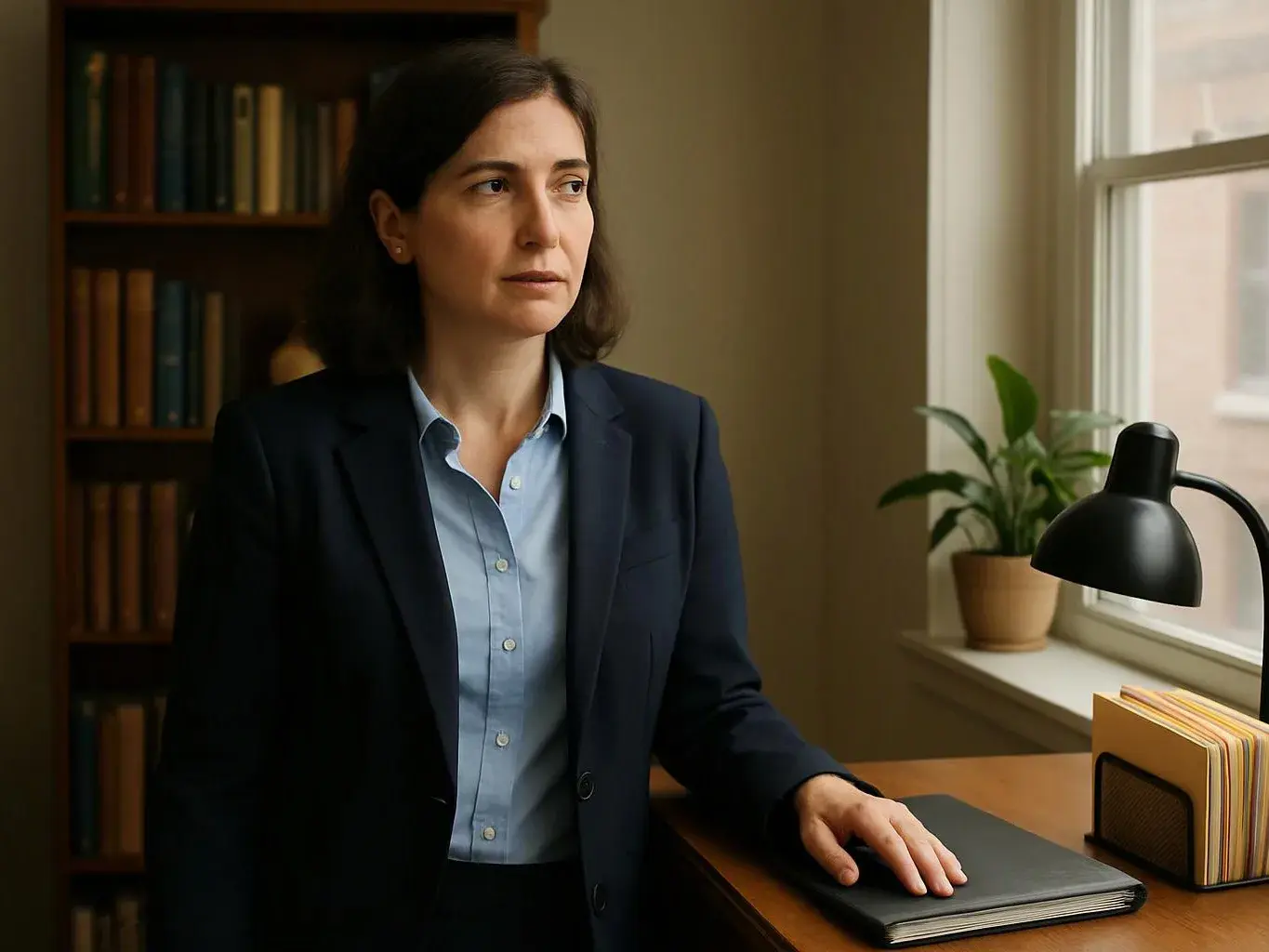 A woman in a blazer stands by a desk, with a notebook, lamp, plant, and books by the window