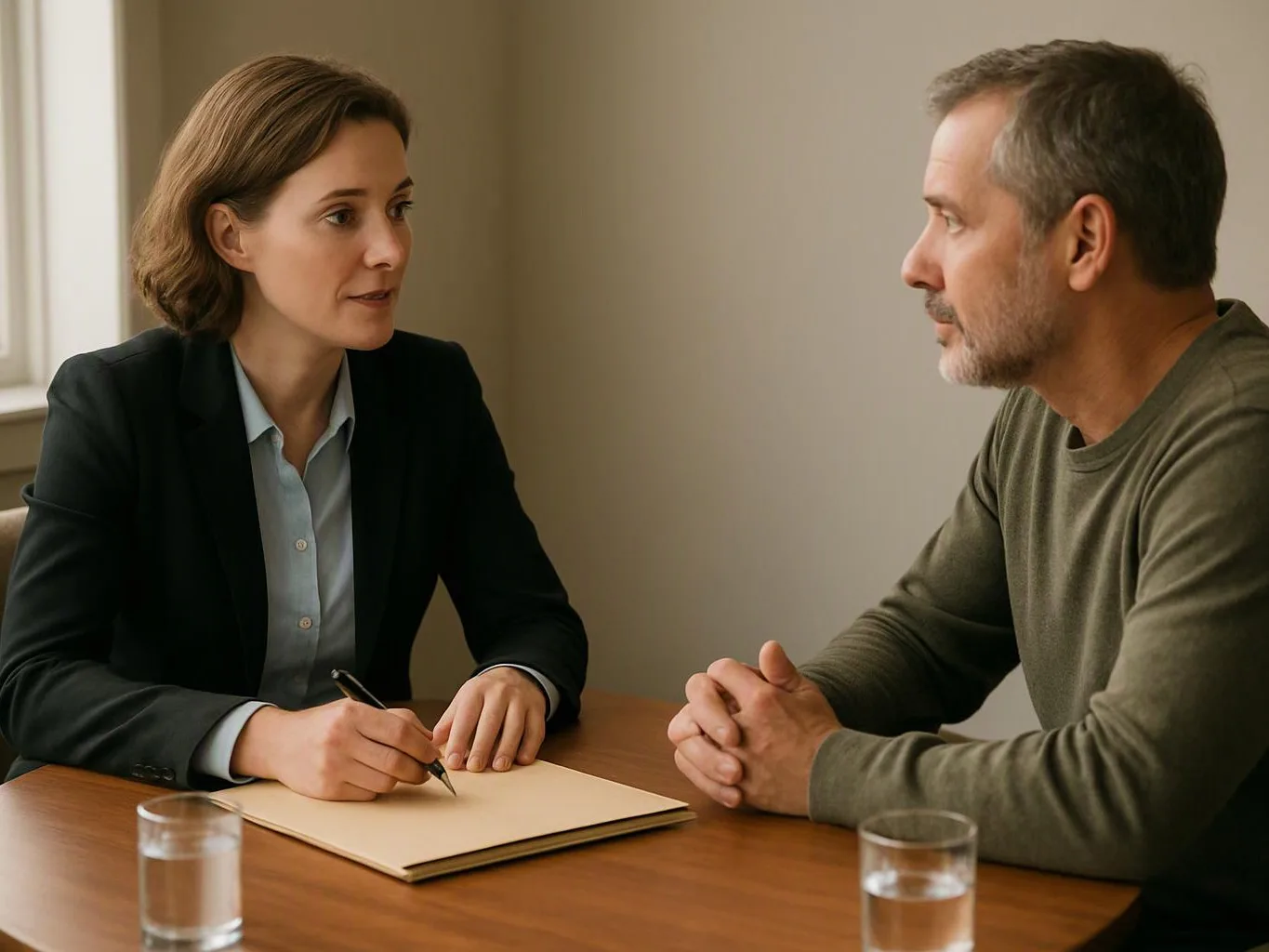A woman in a blazer takes notes while speaking with a man across a table in a plain room