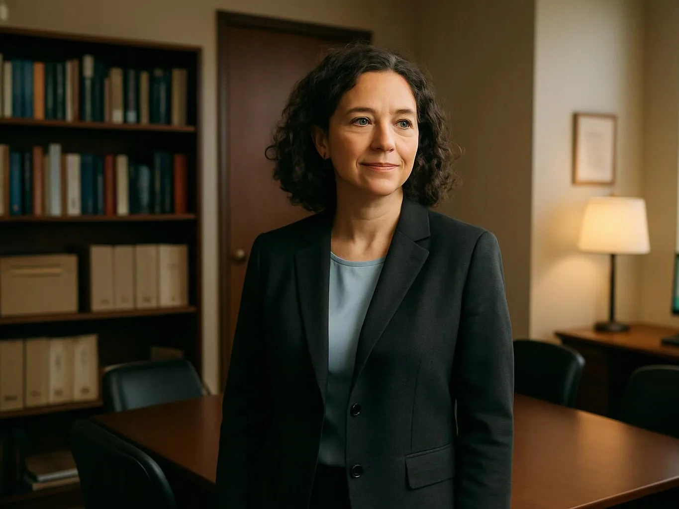 A woman in a dark blazer stands in a small office meeting room with bookshelves and a lit lamp