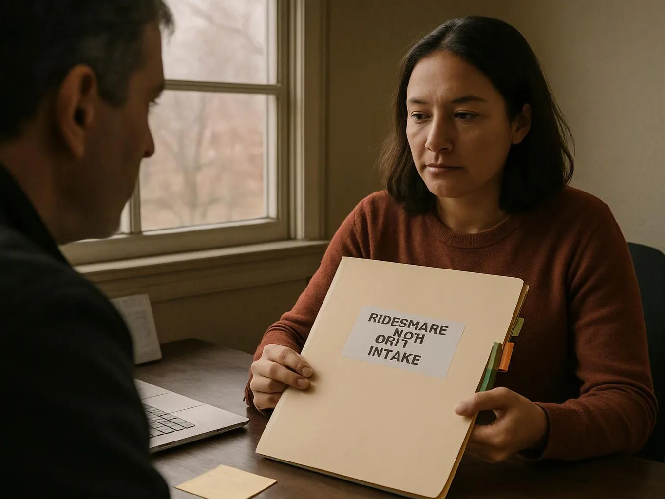 A woman at a desk holds a file folder with a label while facing a man near a window