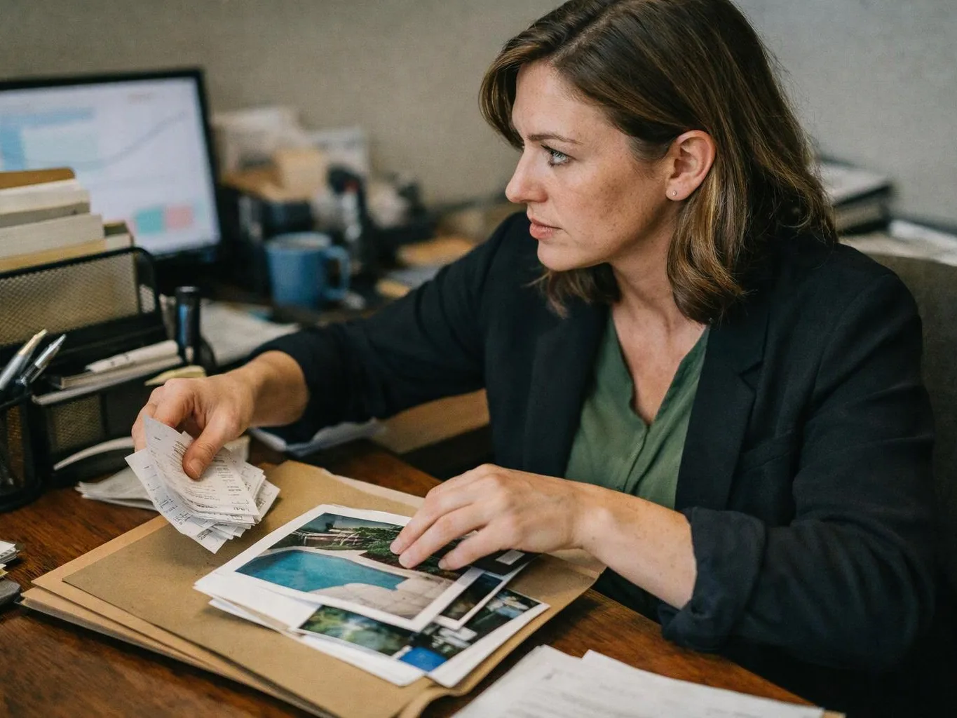 A woman at a desk sorts paper receipts and printed photos in an office