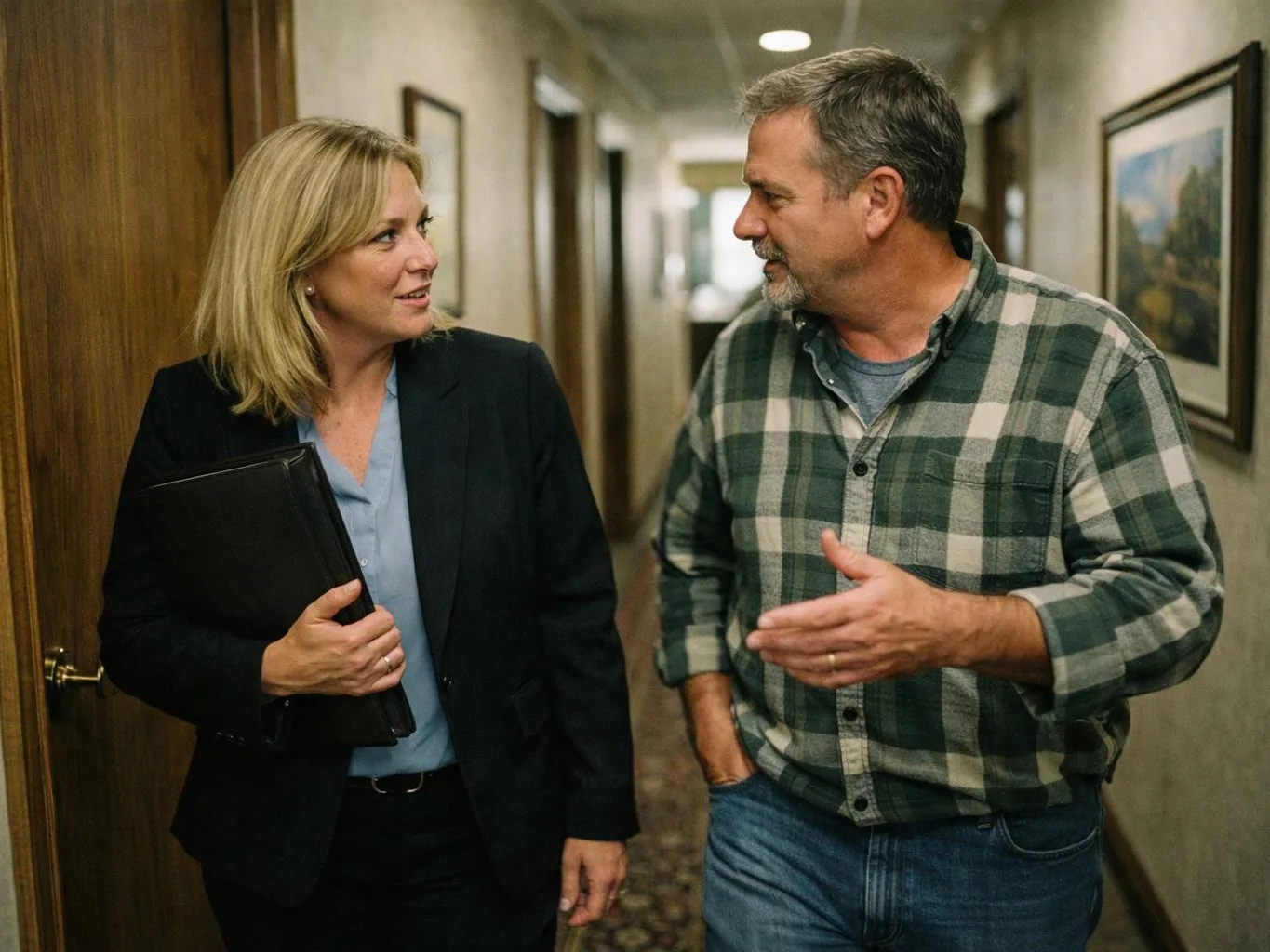 A woman with a folder talks with a man in a hallway lined with framed pictures