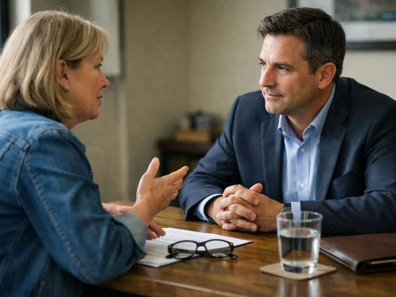 A woman gestures while talking to a man across a wooden table in a quiet room