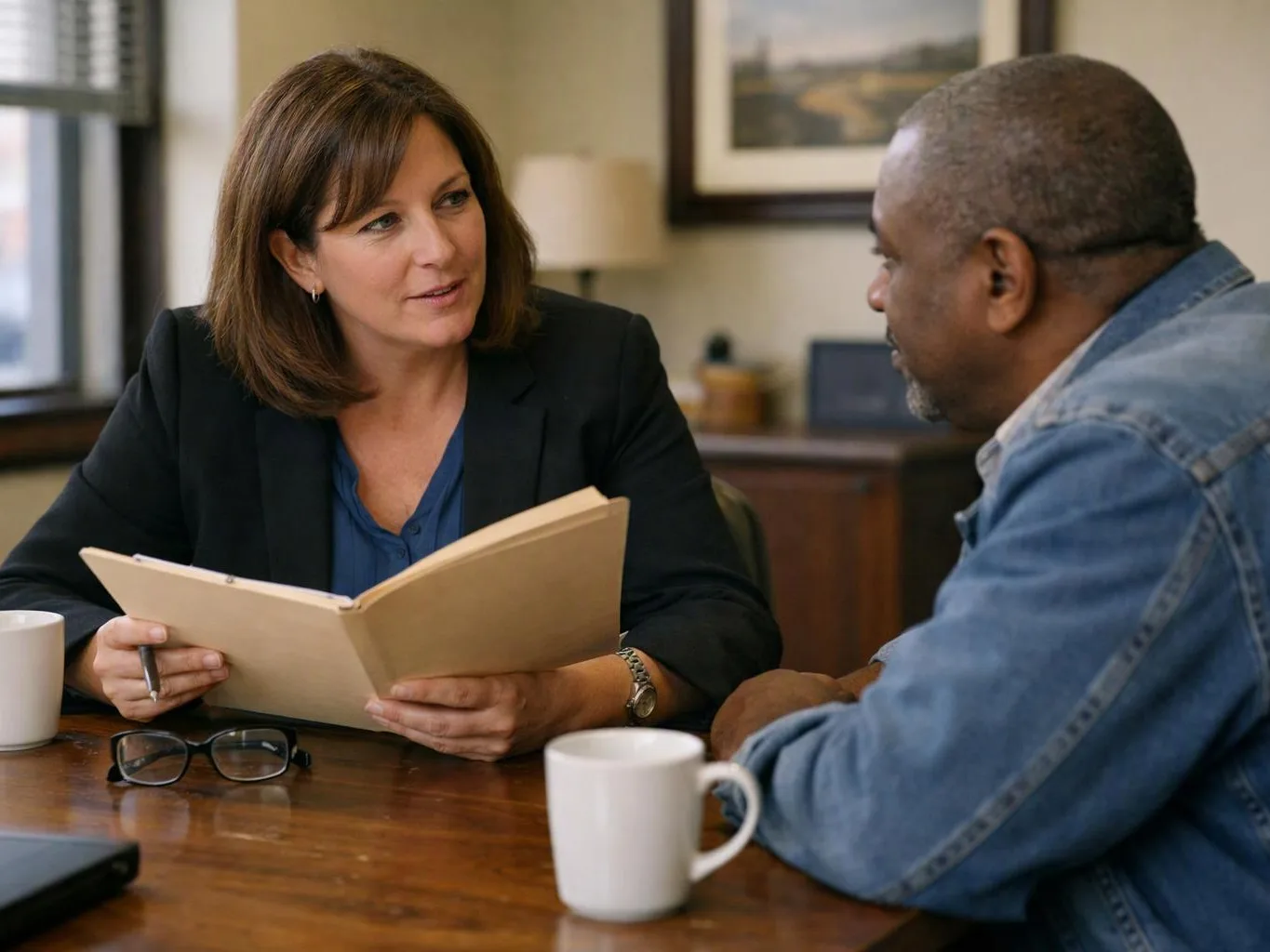 A woman holds an open folder and talks with a man across a table in an office