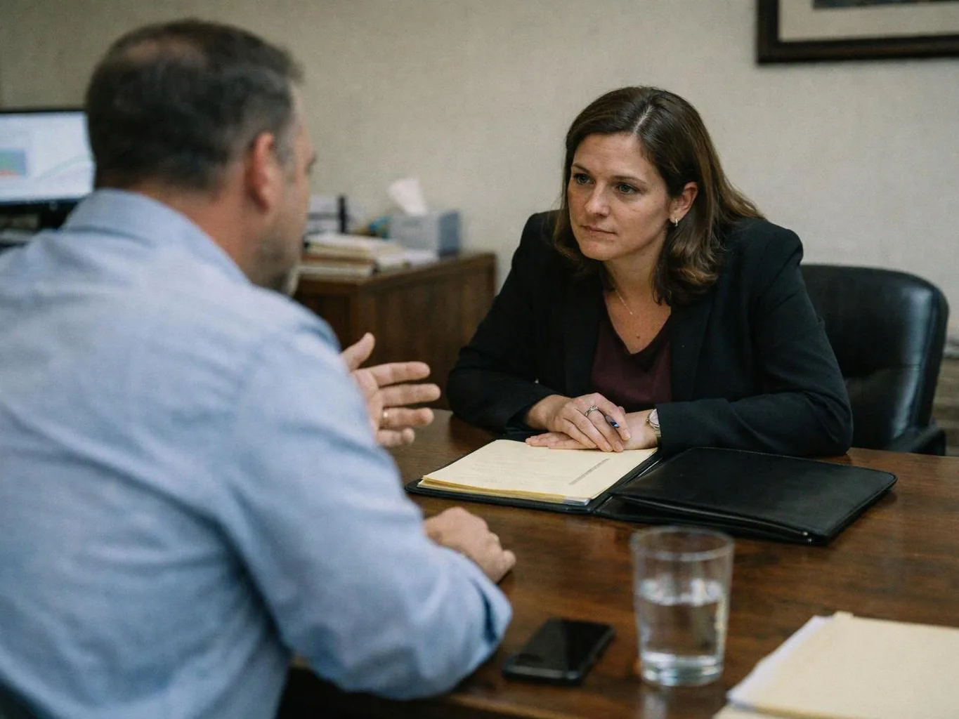A woman listens across a table in an office while a man gestures during a meeting