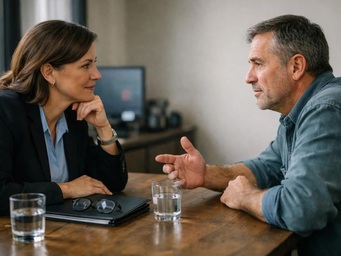 A woman and man sit across a table, talking with glasses of water and a notebook between them