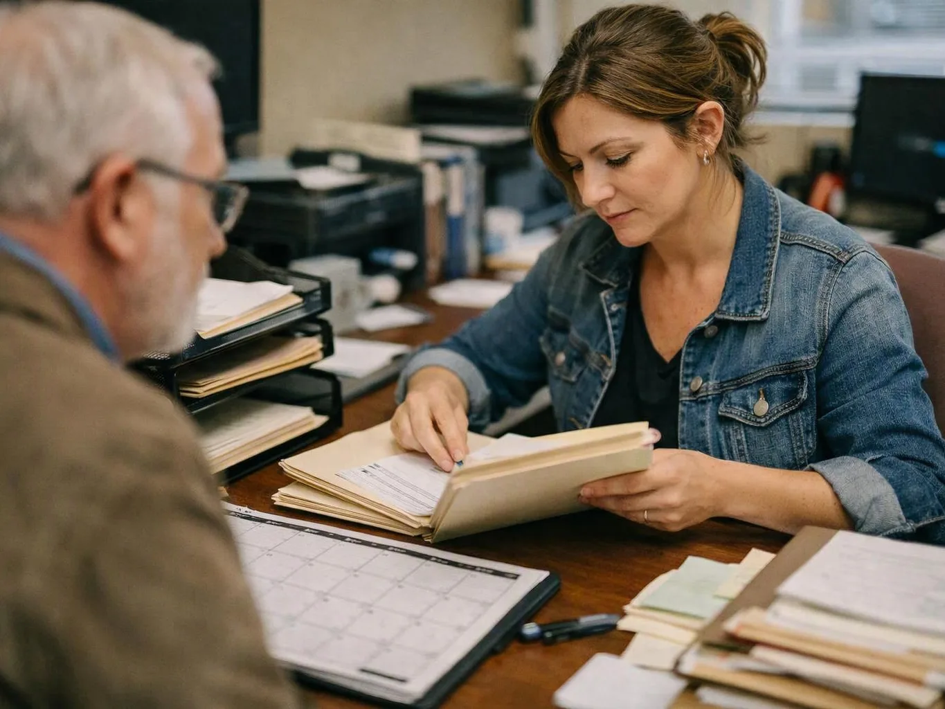A woman reviews papers in a folder across a desk from an older man in an office