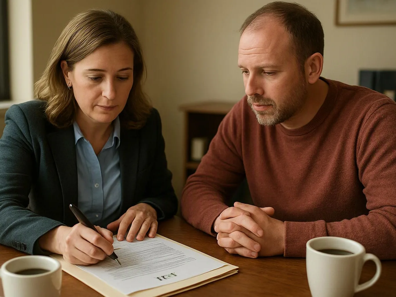 A woman signs papers while a man watches across a wooden table with two coffee mugs