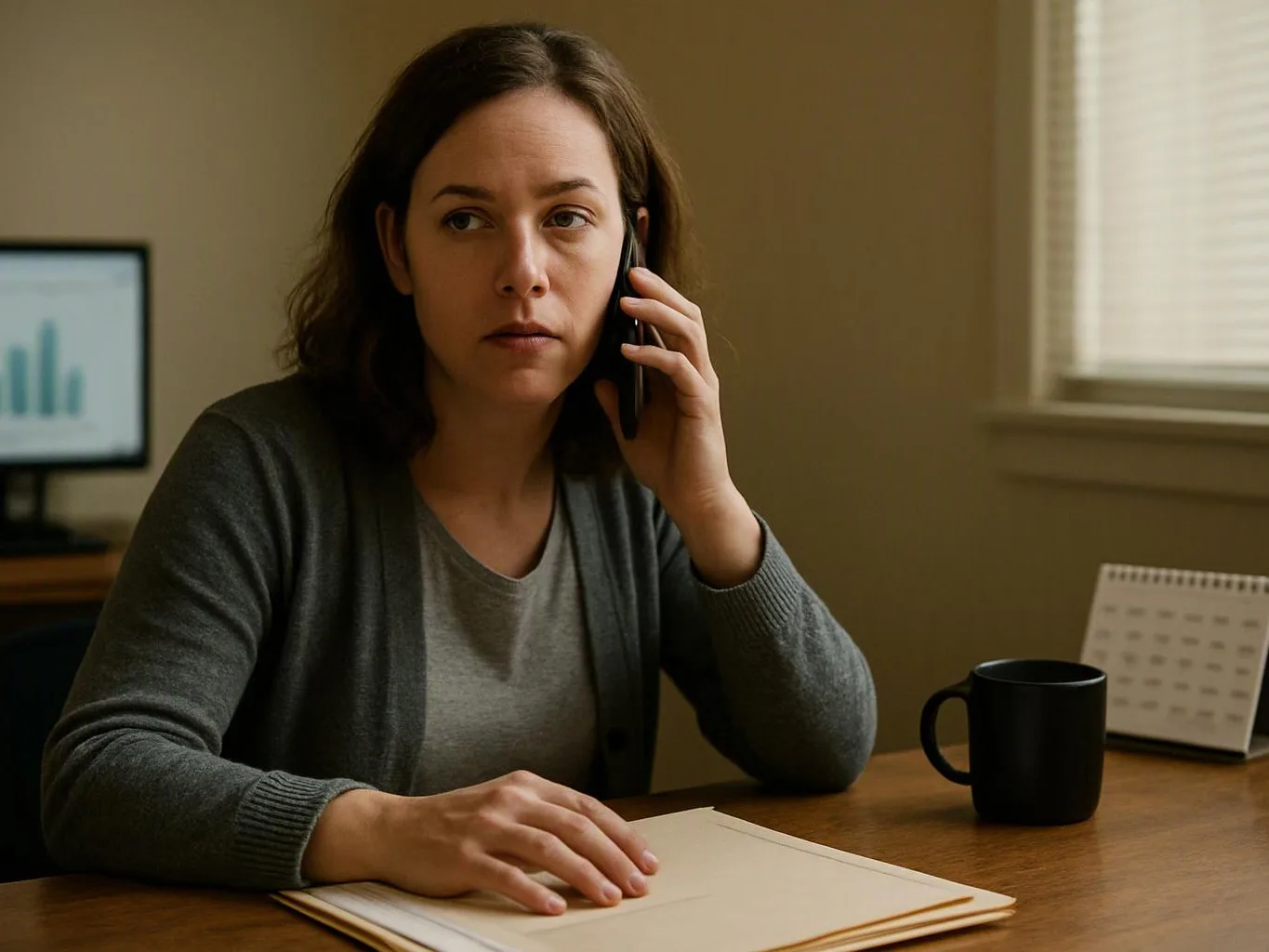 A woman sits at a desk, holding a phone to her ear beside a mug and papers