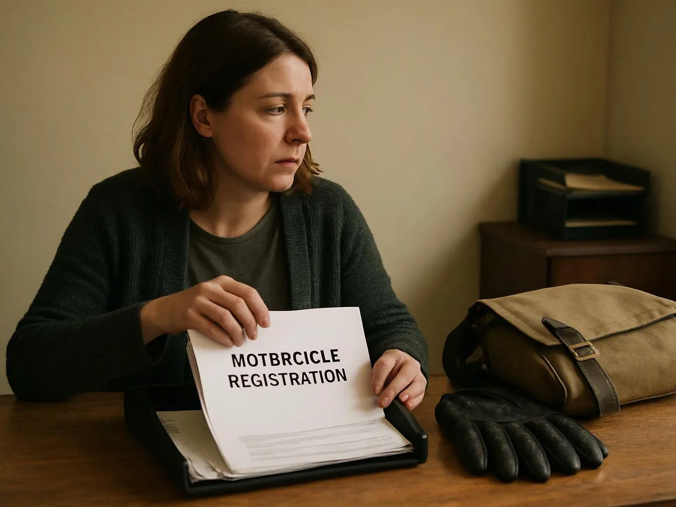 A woman sits at a table holding papers labeled “MOTBRCICLE REGISTRATION” beside gloves and a shoulder bag