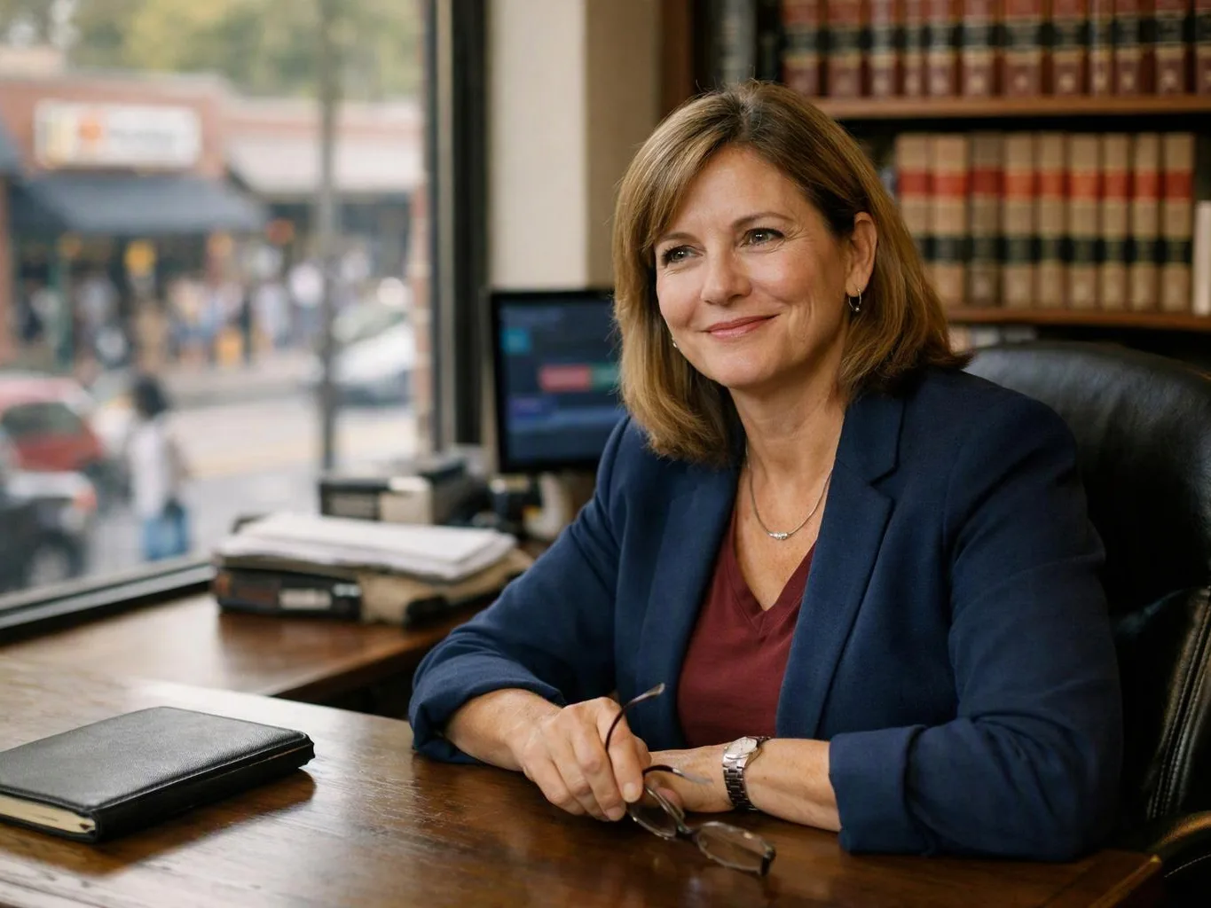 A woman sits at a wooden desk in an office, holding glasses and smiling beside a window and bookshelves