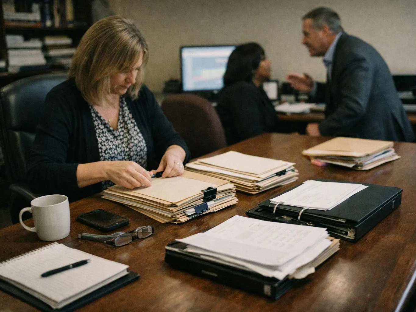A woman sorts paper files at a conference table while two coworkers talk in an office
