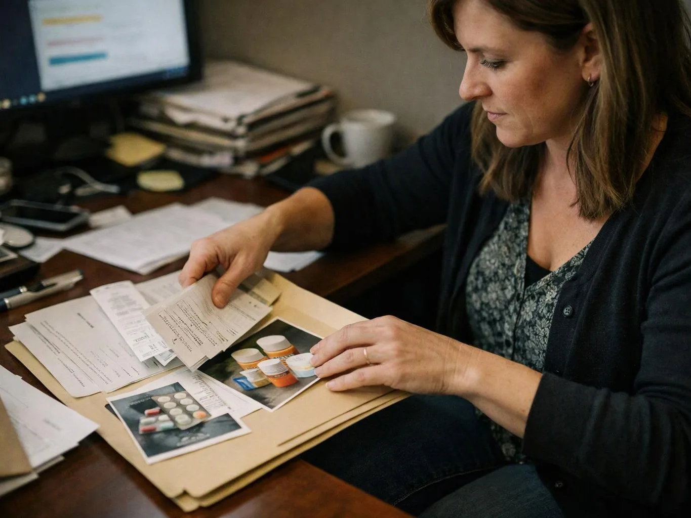 A woman sorts papers and medicine photos at a cluttered desk beside a computer monitor