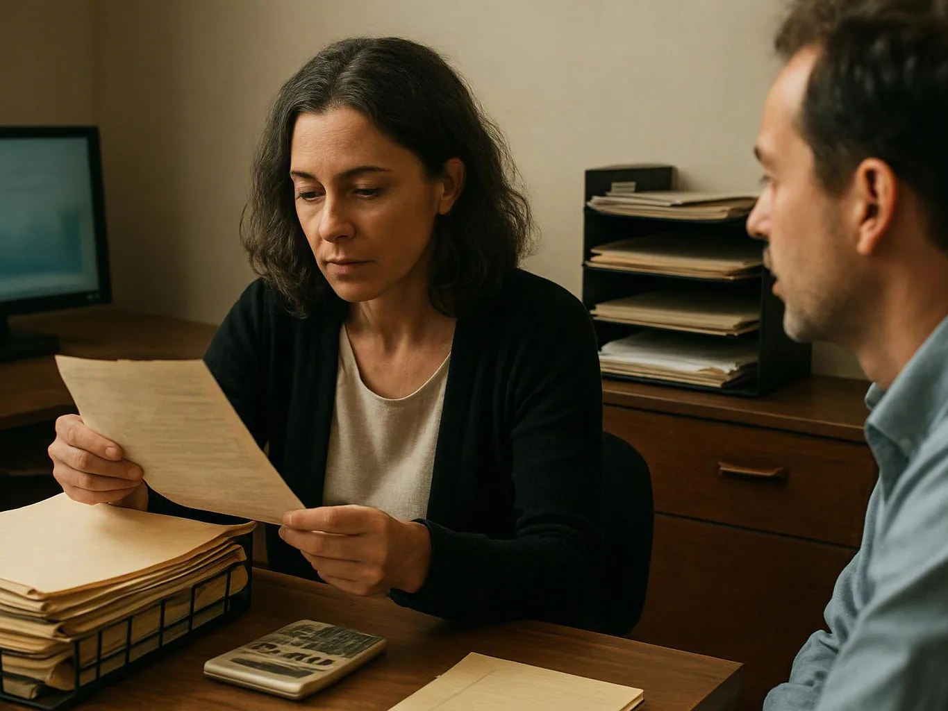 A woman studies a paper at a desk while a man sits beside her in a small office