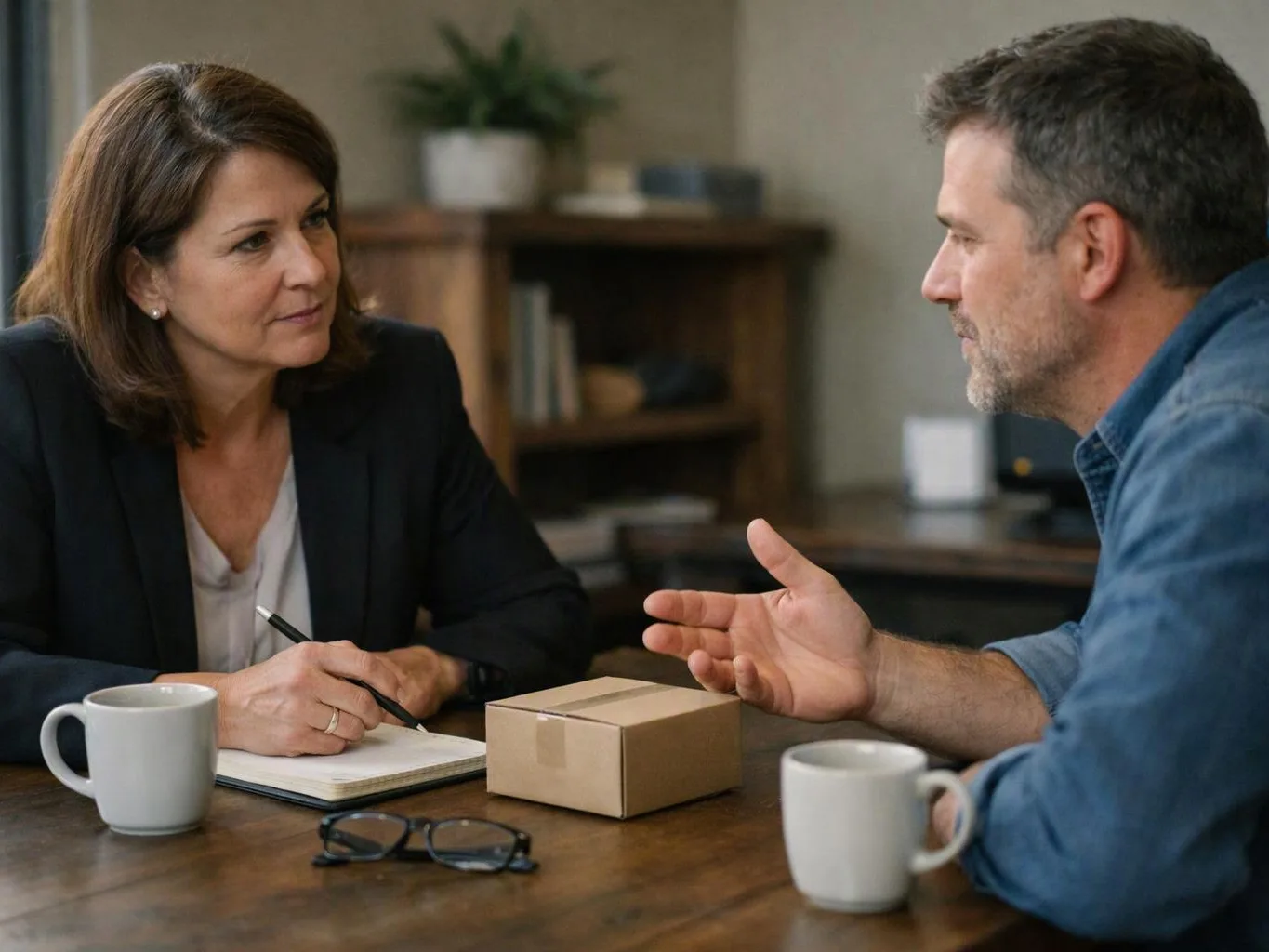 A woman takes notes while speaking with a man across a table with mugs, glasses, and a small box
