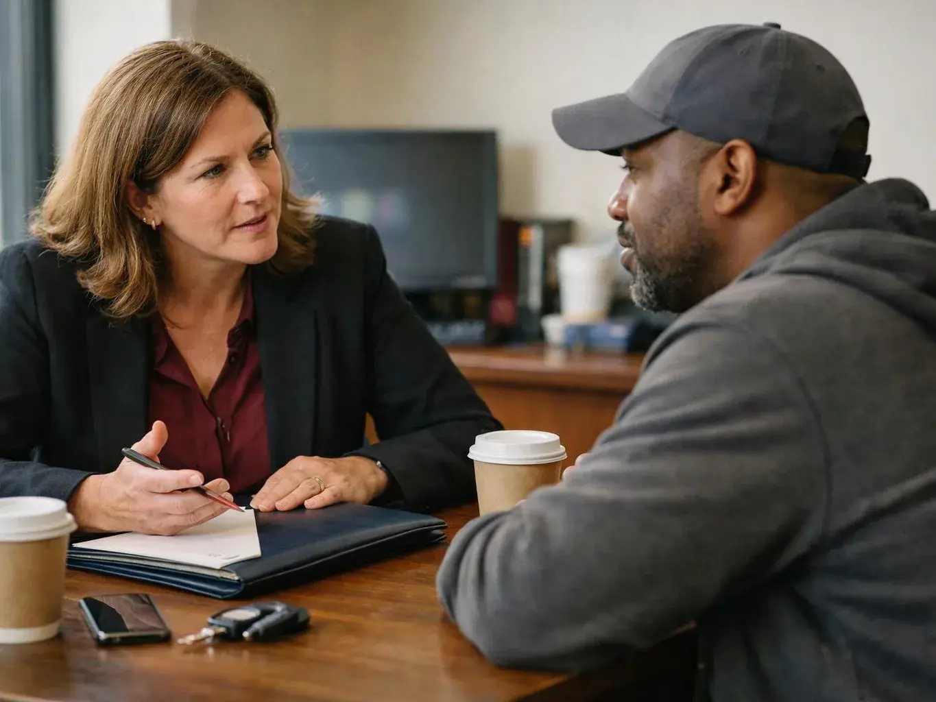 A woman takes notes while speaking with a man across a desk in an office setting
