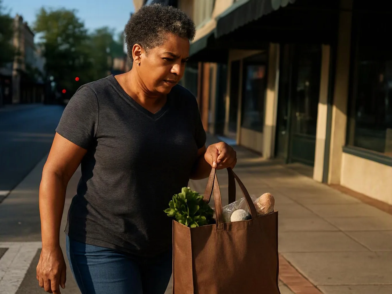 A woman walks on a sidewalk carrying a grocery bag with greens and bread in warm sunlight