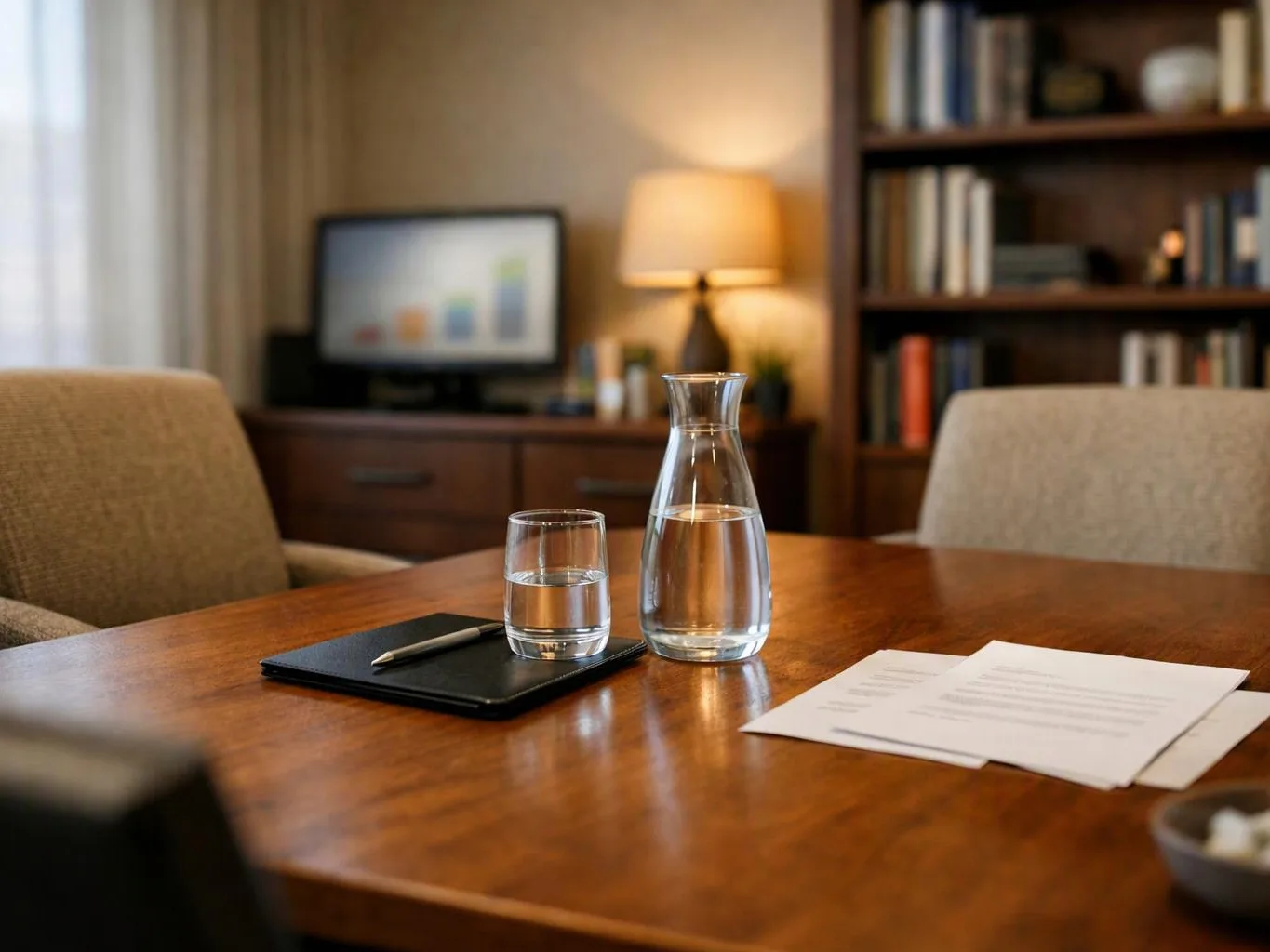 A wooden table holds a water carafe, glass, notebook, pen, and papers in a cozy office room