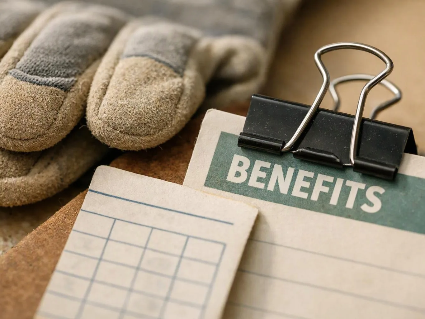 Work gloves rest beside a clipped paper labeled “BENEFITS” on a clipboard