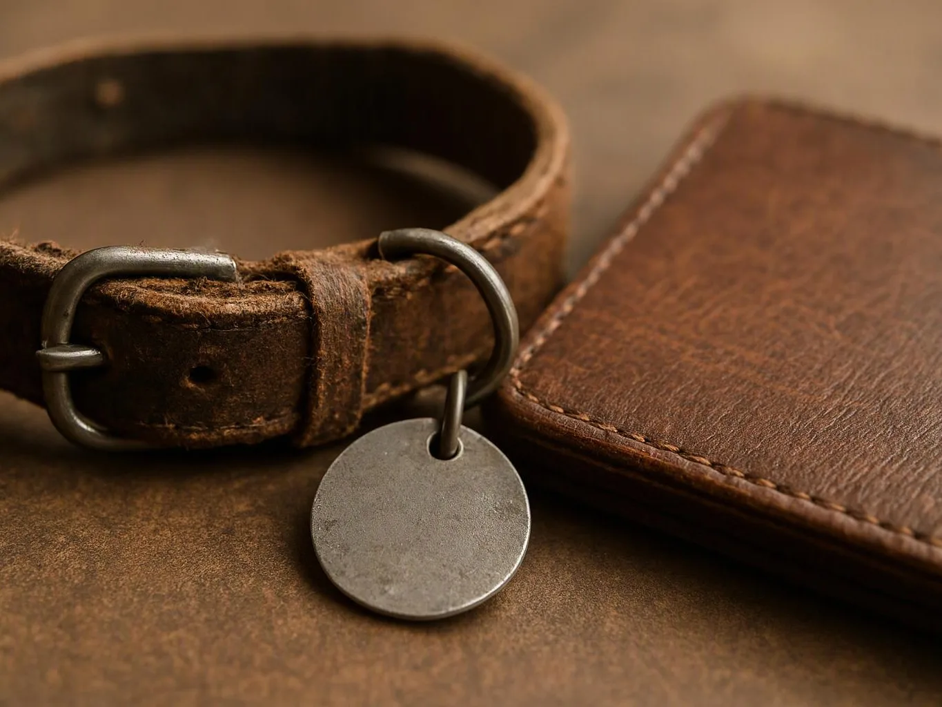 A worn brown leather collar with a metal tag rests beside a stitched leather case on a table