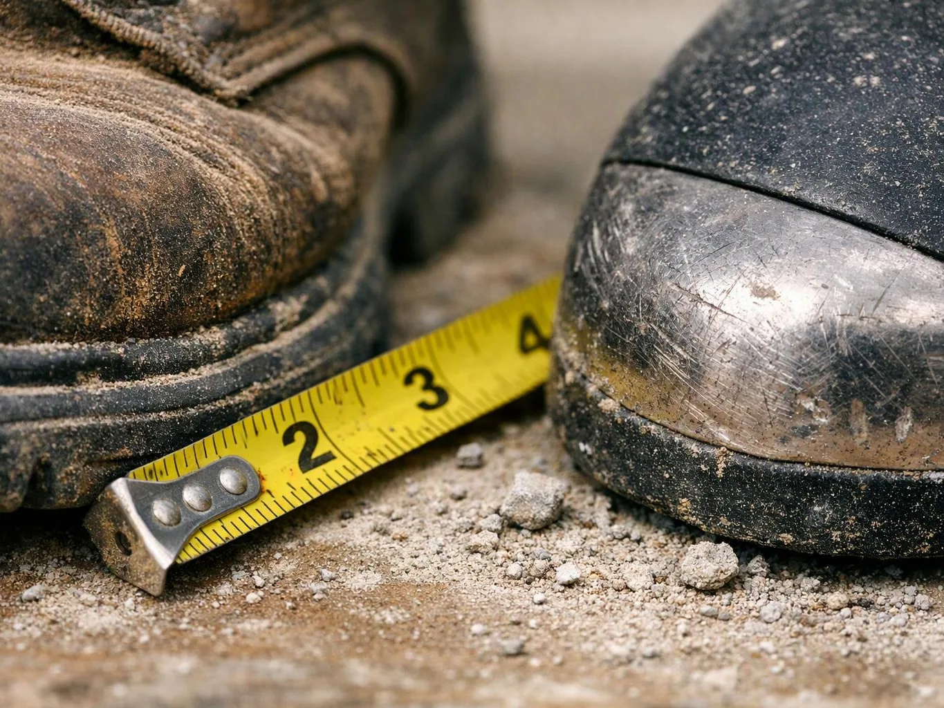 A worn work boot and a scuffed safety toe boot stand beside a yellow tape measure on dusty ground