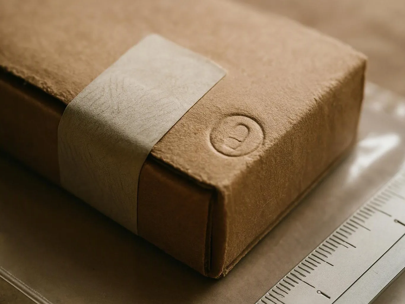 A wrapped brown parcel sits on a surface beside a measuring ruler