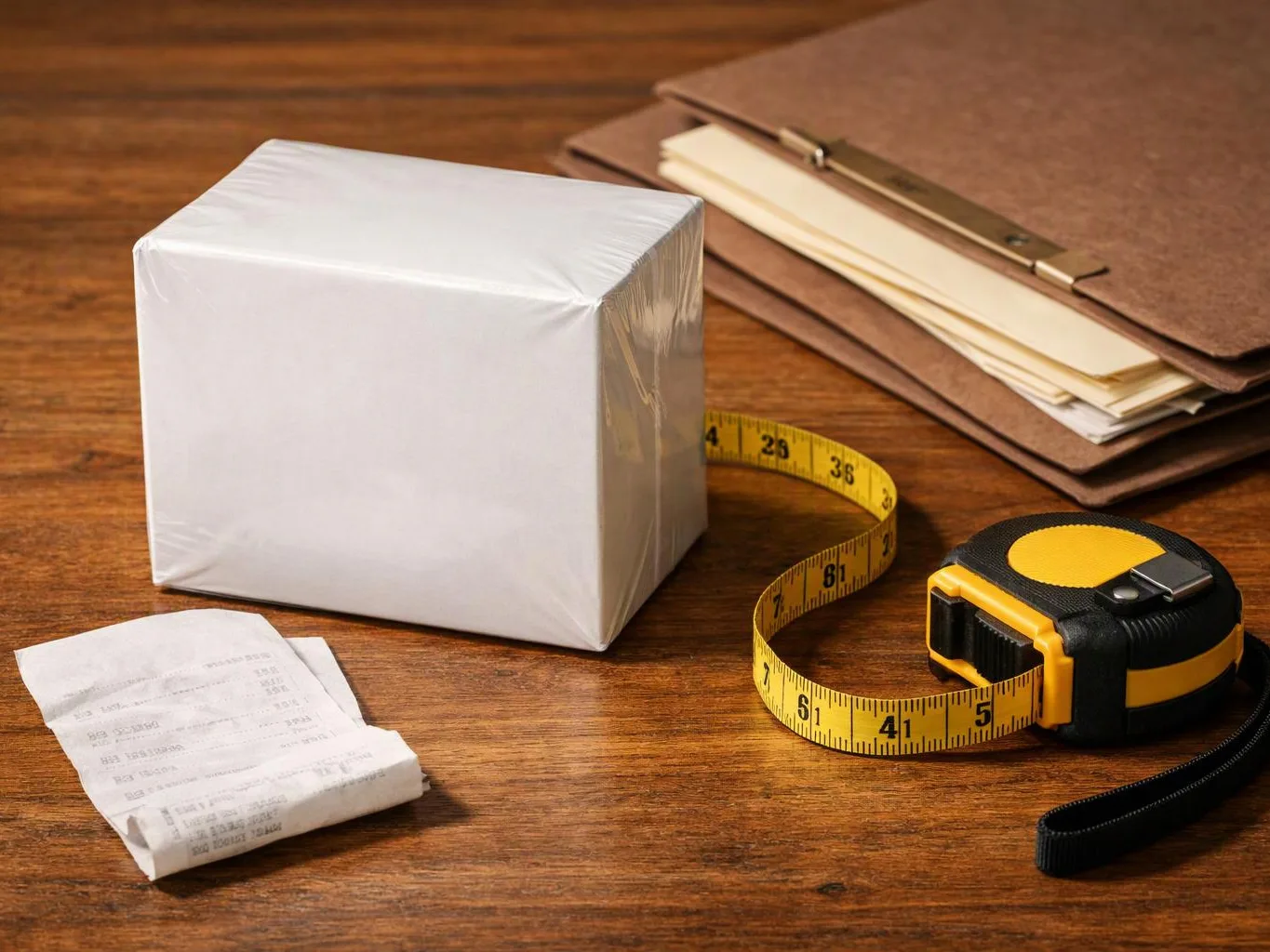A wrapped white package sits on a wooden table beside a tape measure, receipts, and clipped folders