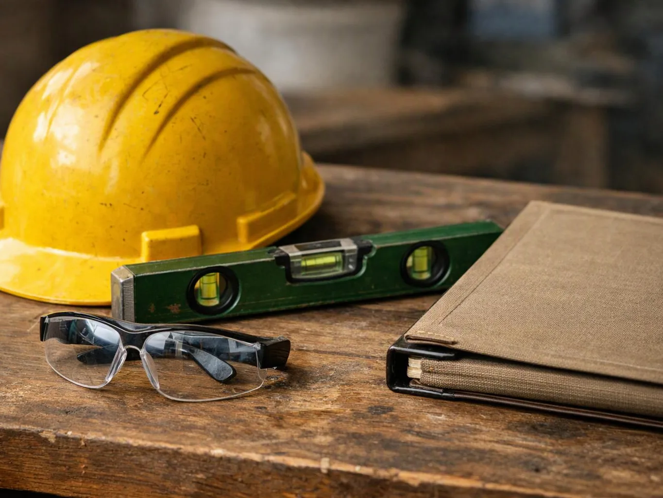 Yellow hard hat, safety glasses, spirit level, and a closed binder rest on a wooden workbench