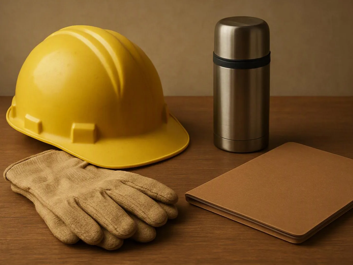 A yellow hard hat, work gloves, a metal thermos, and a brown notebook rest on a wooden table